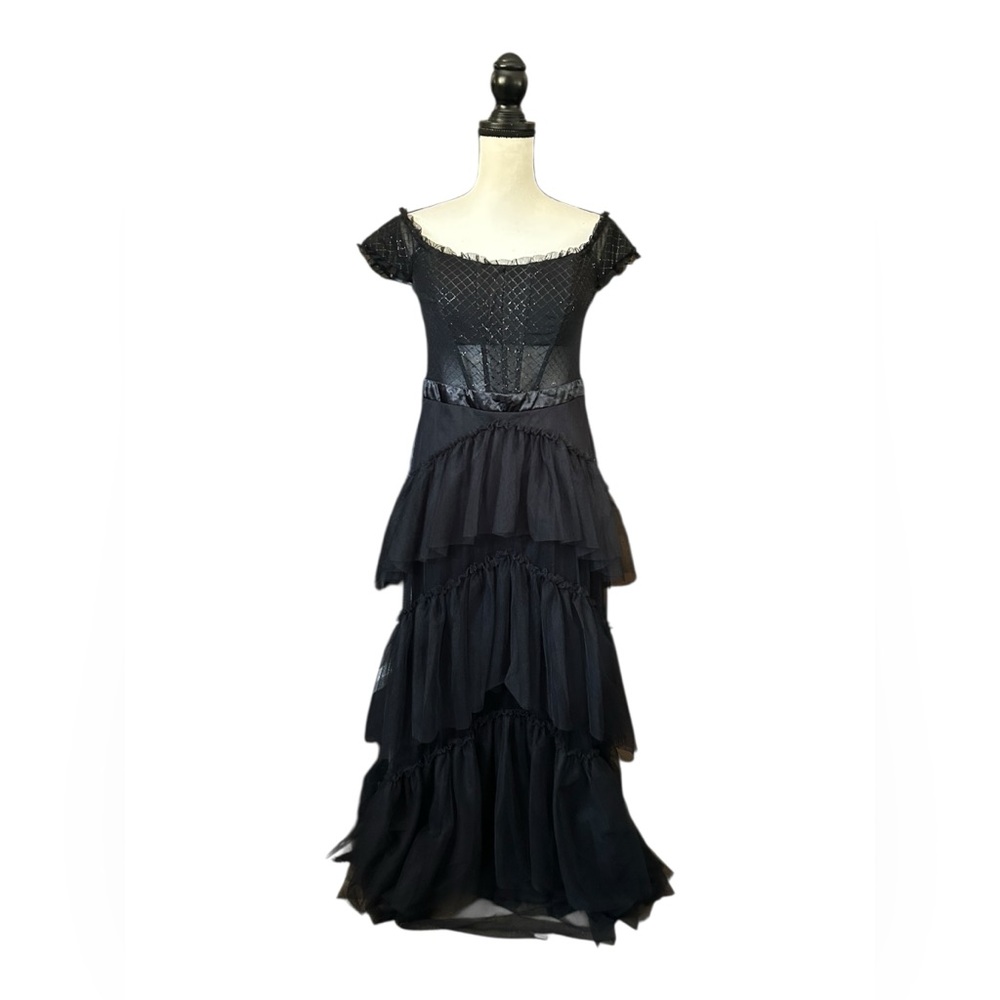 City Studio Black Off-the-Shoulder Tiered Mesh Gown Romantic Goth Evening Sz 11